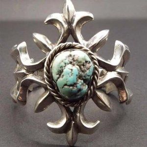 *RARE* NAVAJO EUGENE MITCHELL TURQUOISE 64 GR 999 SILVER SAND CAST BRACELET 4